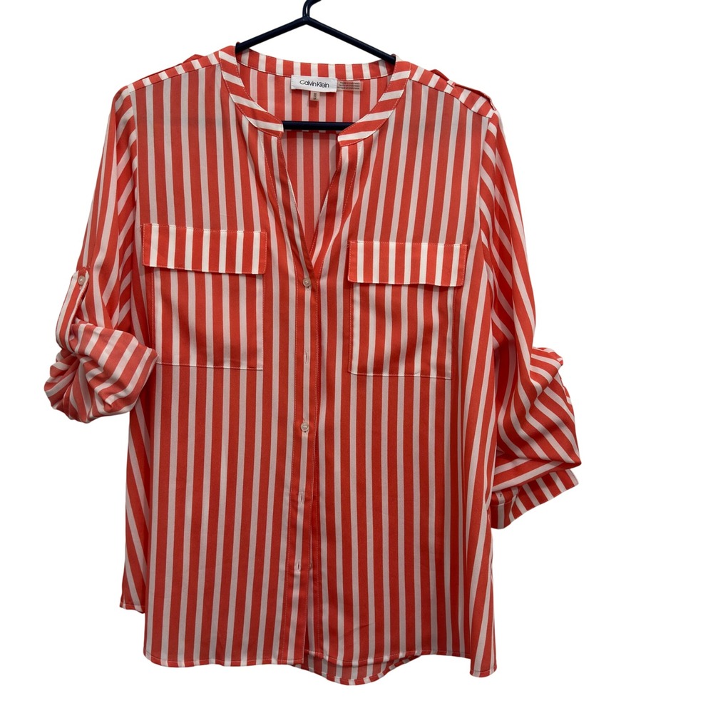 Calvin Klein Blouse Office Siren Orange White Stripe Polyester Roll Tab Sleeve M